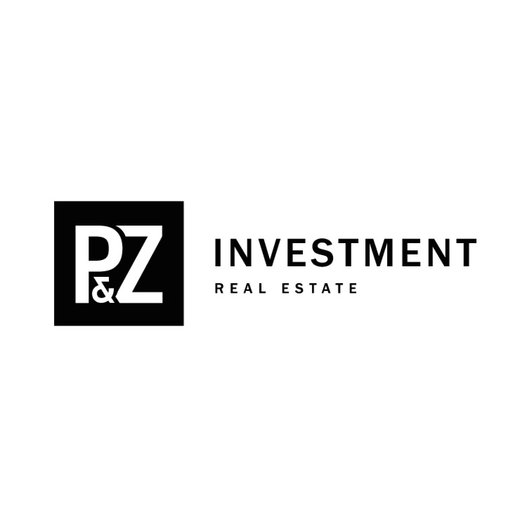 Logo firmy PZ Investment Real Estate z czarnym kwadratem zawierającym białe litery P i Z oddzielone znakiem &. Minimalistyczny design na białym tle.