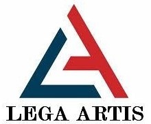 Logo firmy Lega Artis: stylizowany trójkąt podzielony na dwie części - lewa dolna w kolorze granatowym, prawa górna w kolorze czerwonym, tworzące literę A. Pod spodem nazwa firmy.