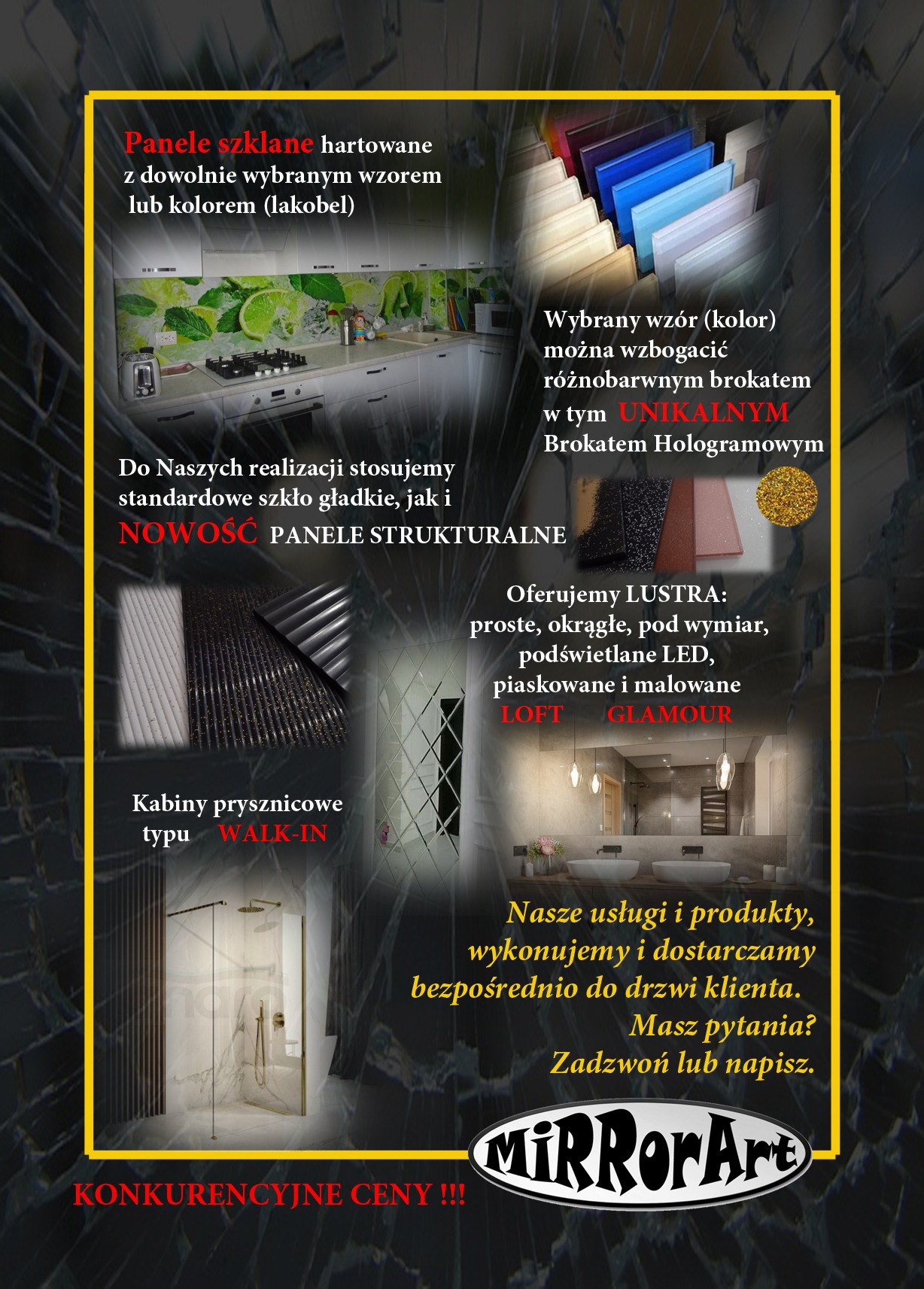 Kompozycja prezentująca ofertę: panele szklane do kuchni z motywem limonki, próbki lakobelu z brokatem holograficznym, panele strukturalne, lustra w stylu loft i glamour oraz kabina prysznicowa...