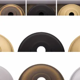 Kolekcja półokrągłych rozet w różnych kolorach i wykończeniach, w tym złoty, brązowy, czarny i srebrny, ułożonych w siatkę na białym tle.