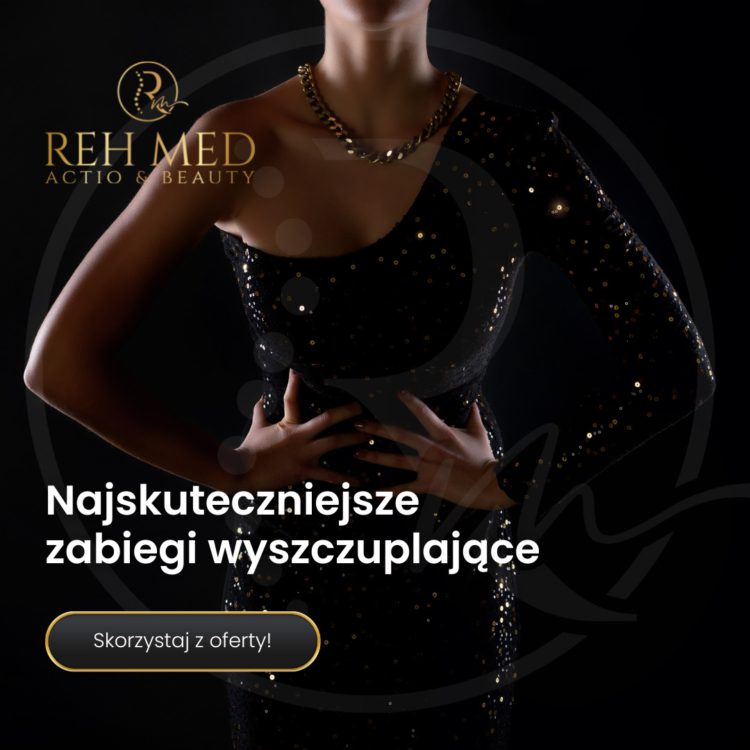 Kobieta w czarnej, cekinowej sukience i złotym łańcuchu, prezentująca zabiegi wyszczuplające z logo Reh Med Actio & Beauty w lewym górnym rogu.