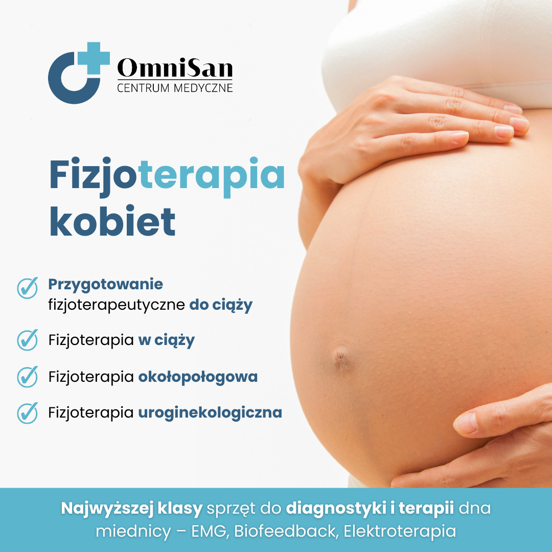 Plakat reklamowy centrum medycznego Omnisan, prezentujący ofertę fizjoterapii dla kobiet w ciąży i po porodzie, z widocznym brzuchem kobiety w ciąży.