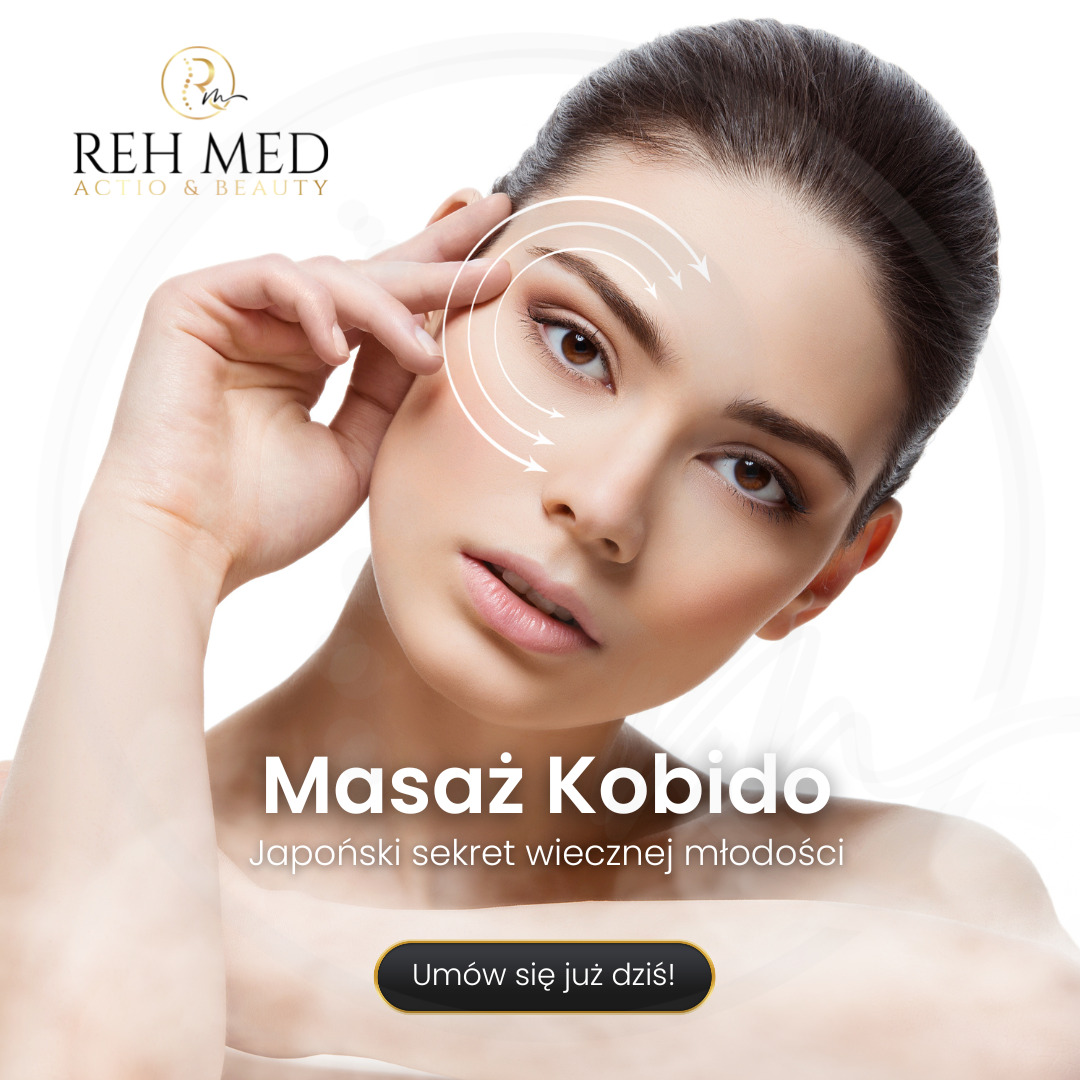 Portret kobiety z dłonią przy skroni, z naniesionymi strzałkami wskazującymi kierunek masażu Kobido, logo Reh Med w lewym górnym rogu i tekst 'Masaż Kobido. Japoński sekret wiecznej młodości. Umów...