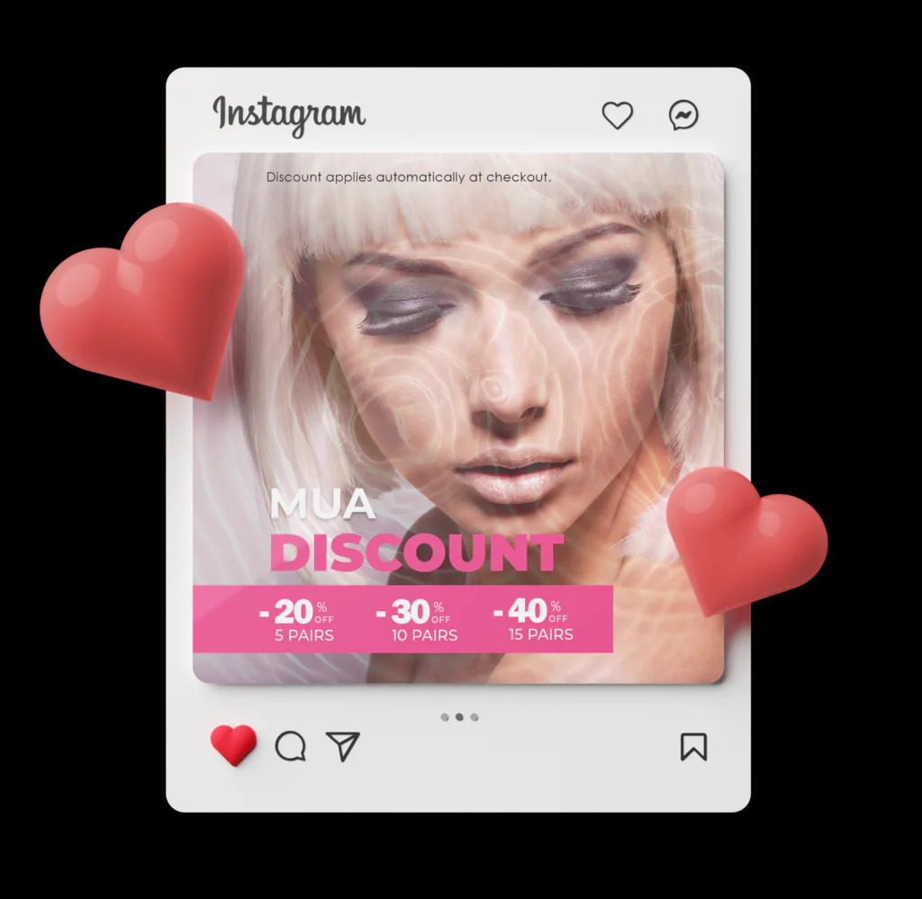 Grafika reklamowa na Instagramie prezentująca promocję na makijaż permanentny oczu z rabatami -20%, -30% i -40% w zależności od ilości par, z modelką o platynowych włosach i srebrzystym makijażu oczu.