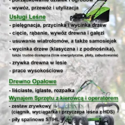 Grafika reklamowa firmy Pabloss oferującej usługi leśne i pielęgnacji zieleni, prezentująca kosiarkę do trawy oraz zestaw zrywkowy składający się z ciągnika, wyciągarki i przyczepy leśnej z HDS,...