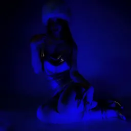 Kobieta w srebrnej sukience i futrzanej czapce, pozująca w niebieskim oświetleniu studyjnym, siedząca na podłodze z długimi paznokciami