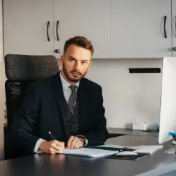 Mężczyzna w garniturze siedzi za biurkiem, pisze na dokumentach, spoglądając w obiektyw, z komputerem iMac i szafkami w tle.