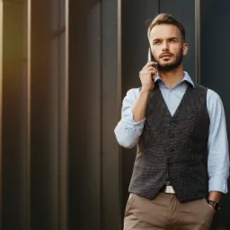 Elegancko ubrany mężczyzna rozmawia przez telefon na tle nowoczesnej fasady budynku, promienie słońca odbijają się od ściany.