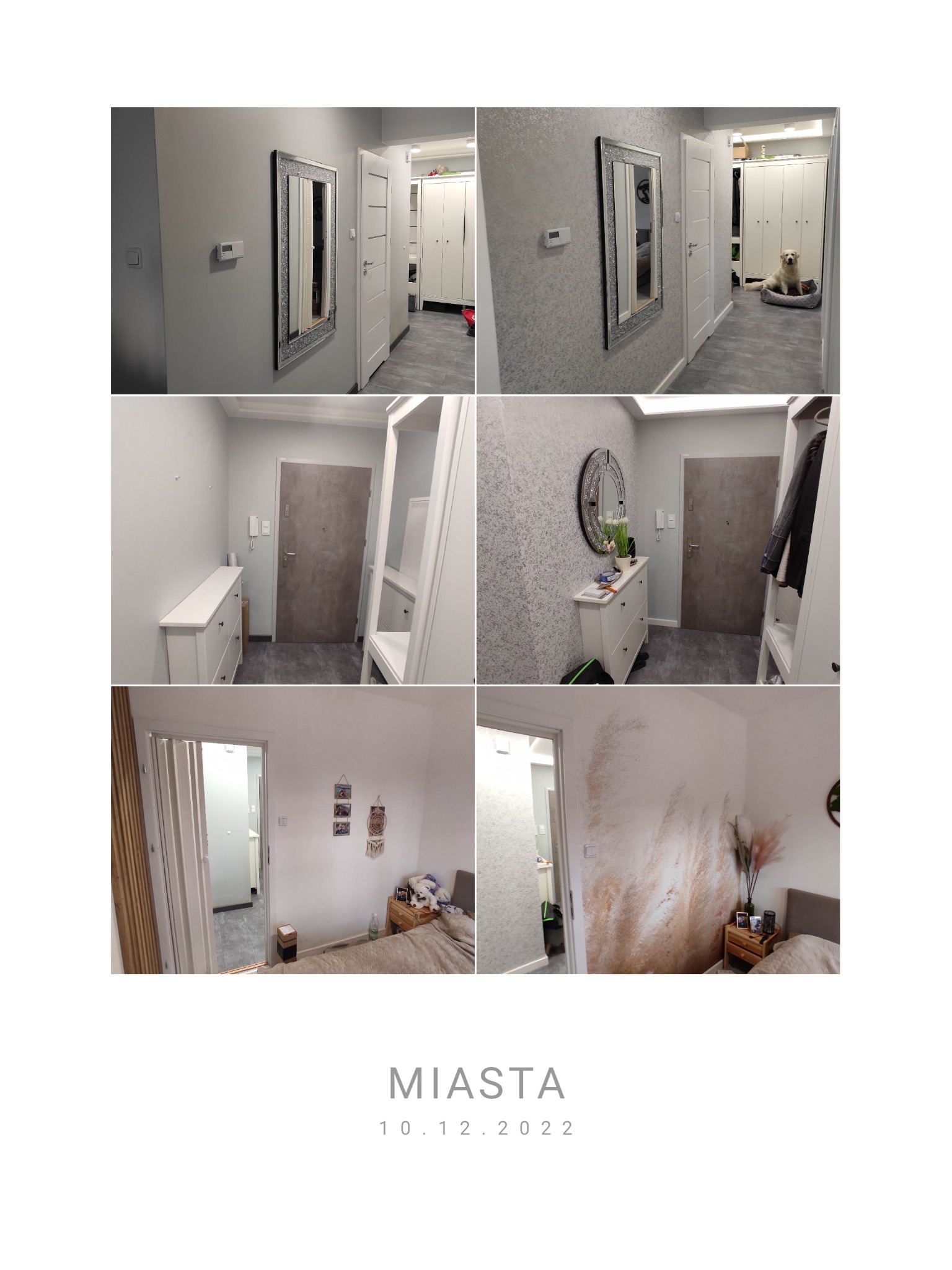 Kolaż zdjęć przedstawiających wnętrza: korytarz z lustrem w ozdobnej ramie i białymi szafami, korytarz z komodą i lustrem w okrągłej ramie, sypialnia z dekoracyjną ścianą w odcieniach beżu i brązu.