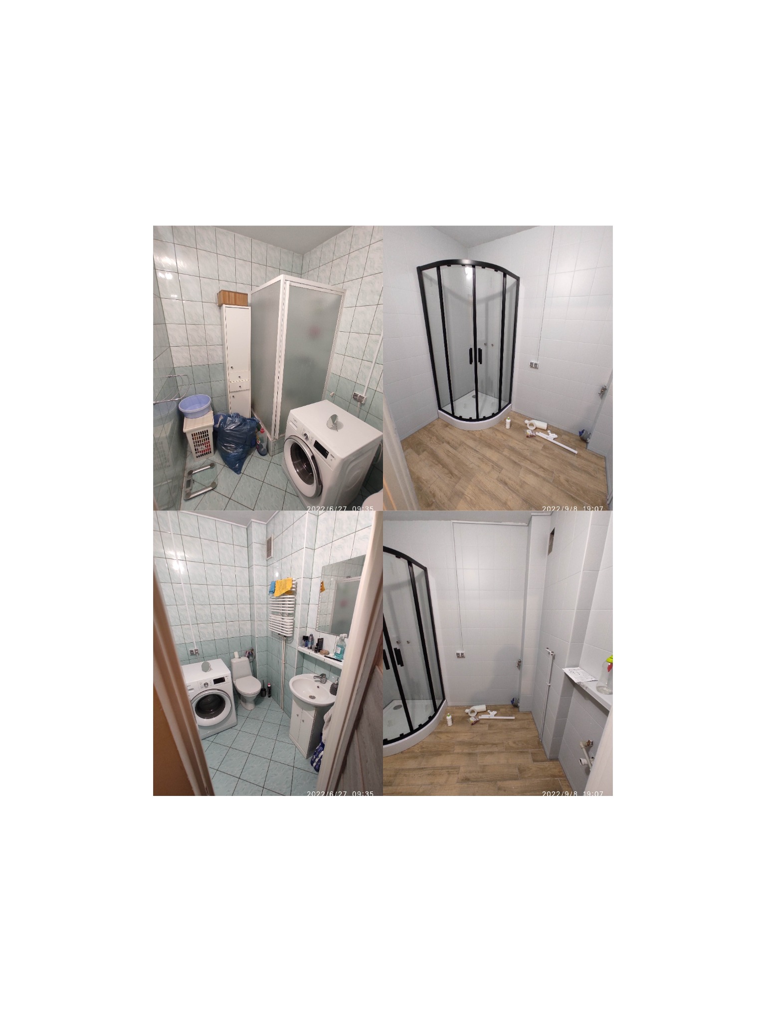 Cztery ujęcia łazienki w trakcie remontu: jedno z pralką i nieporządkiem, drugie z nową kabiną prysznicową z czarnymi ramami, trzecie z pralką, toaletą i umywalką, czwarte z kabiną, nową podłogą...