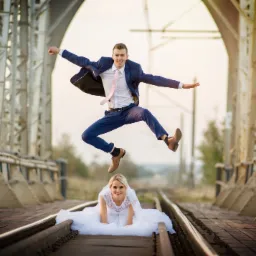 Para młoda na torach kolejowych: panna młoda klęczy w białej sukni, pan młody skacze w garniturze, z uśmiechem na twarzy.