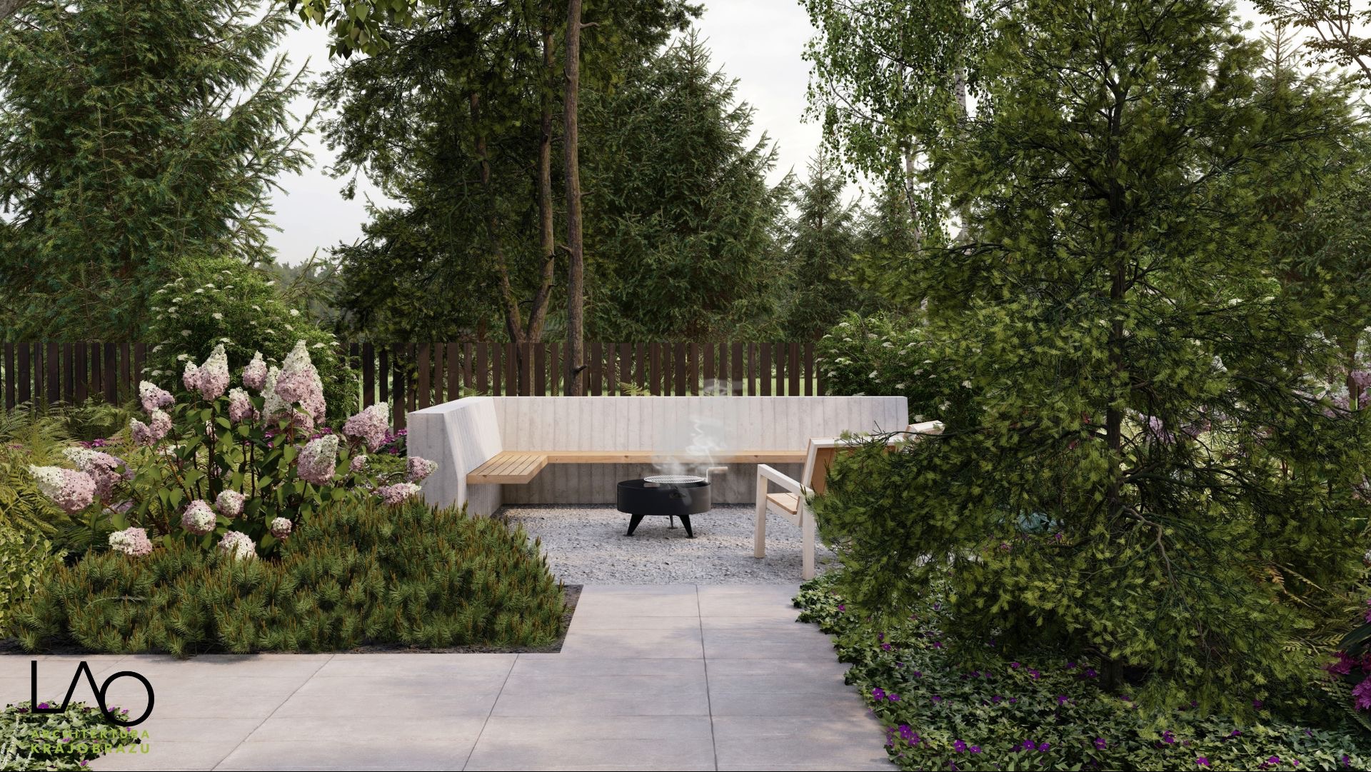 Nowoczesny ogród z betonową ławką, paleniskiem i kwitnącymi hortensjami w odcieniach bieli i różu, otoczony zielenią i drewnianym płotem.