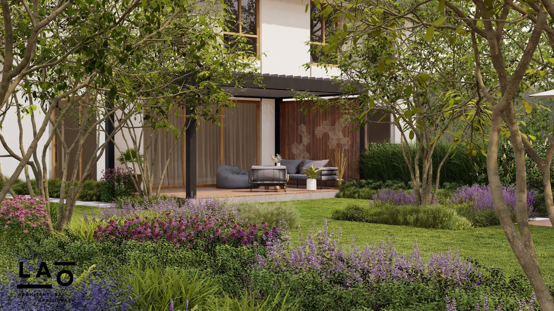 Wizualizacja ogrodu z drewnianym tarasem, pergolą i meblami wypoczynkowymi, otoczona kwitnącymi rabatami i drzewami.