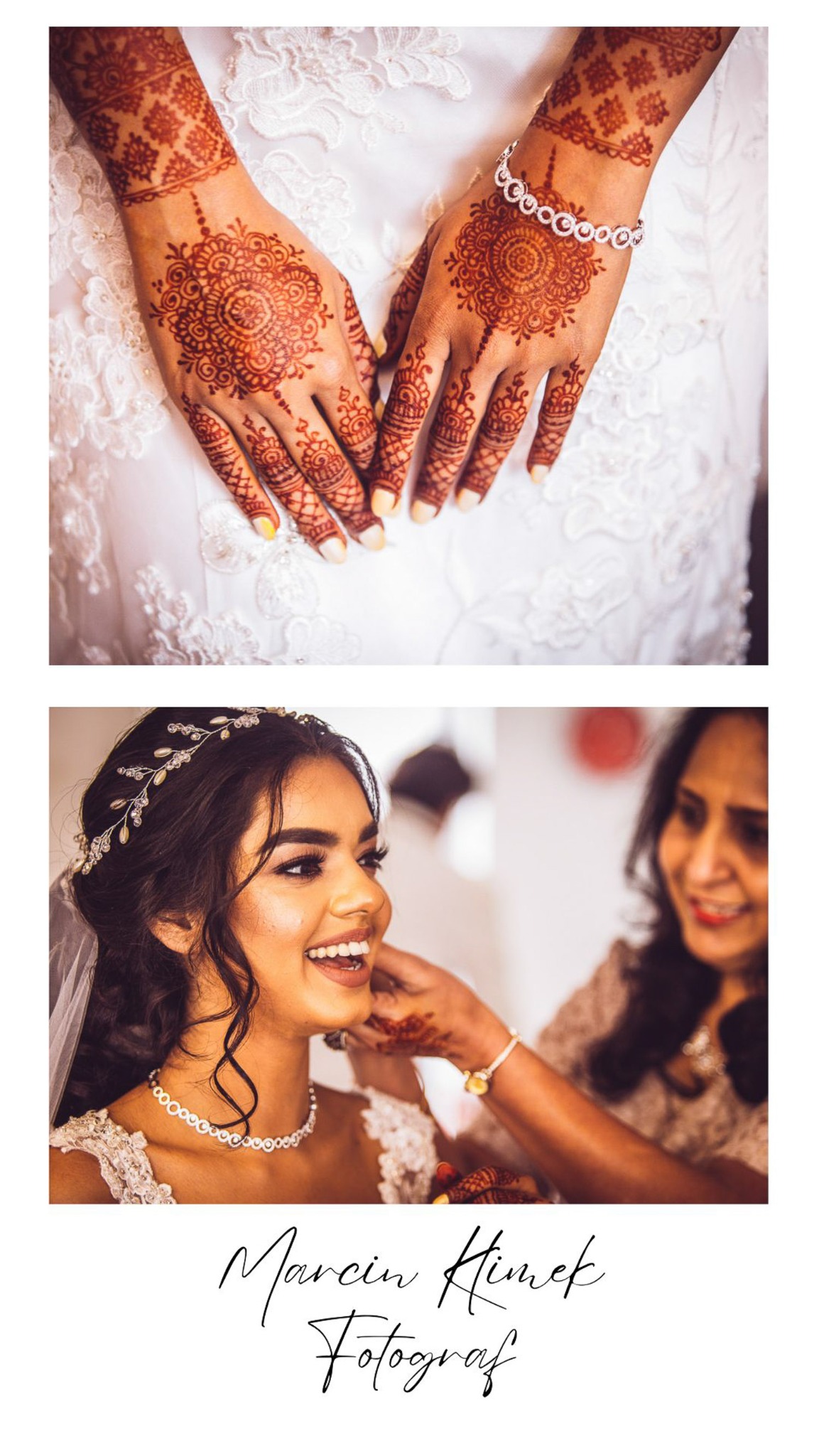 Panna młoda z henną na dłoniach, zbliżenie na dłonie z wzorami mehndi i pierścionkiem, uśmiechnięta kobieta w sukni ślubnej, matka zapinająca kolczyk.