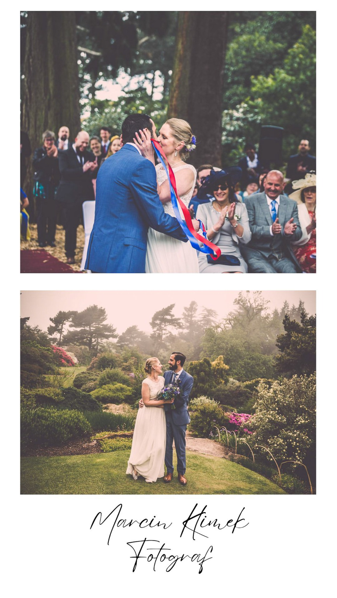 Dwa ujęcia: Nowożeńcy całujący się wśród gości weselnych z wstążkami w kolorach flagi Polski oraz para młoda w objęciach na tle mglistego ogrodu.