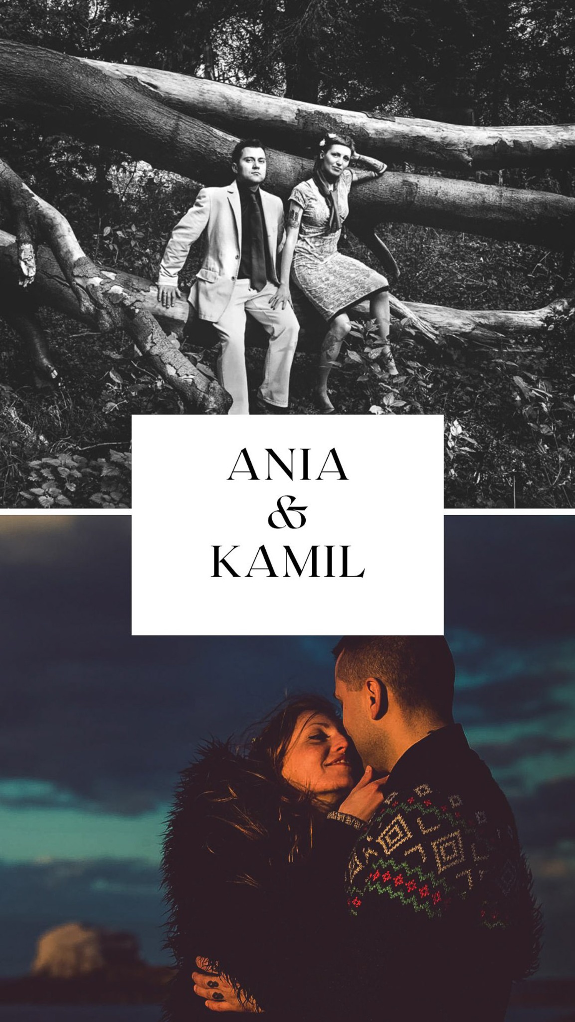 Czarno-białe ujęcie pary siedzącej na powalonym drzewie w lesie, nad którym znajduje się napis 'Ania & Kamil', a pod nim para w objęciach na tle zachodzącego słońca.