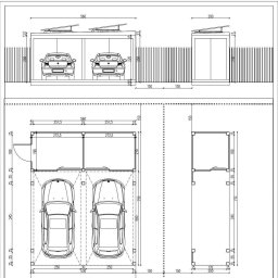 Nikmet Marcin Nikodem - Rzut techniczny z wymiarami na dwustanowiskowy garaż blaszany z zadaszeniem solarnym i pojedynczy garaż blaszany, widok z góry i z przodu.