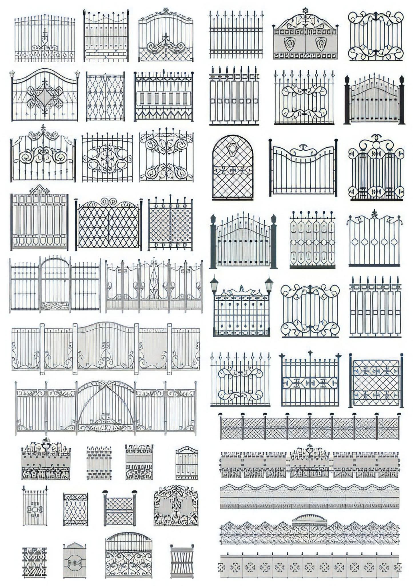 Kolekcja różnorodnych, ozdobnych bram wjazdowych i ogrodzeń metalowych, prezentująca bogactwo wzorów i stylów. Białe tło podkreśla detale i kunszt wykonania.