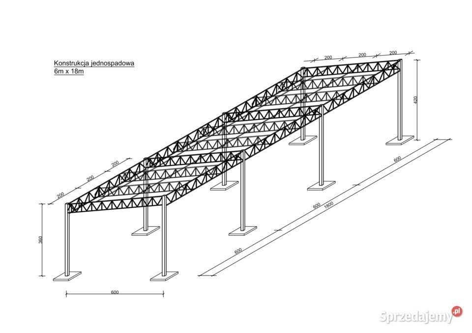 Rzut techniczny konstrukcji jednospadowej o wymiarach 6m x 18m. Schemat przedstawia stalową konstrukcję z wymiarami, podpieraną na słupach z betonowymi stopami.
