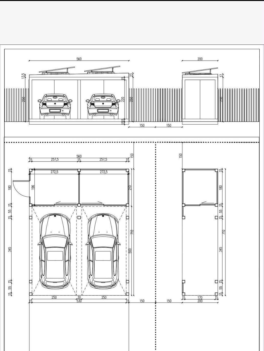 Rzut techniczny z wymiarami na dwustanowiskowy garaż blaszany z zadaszeniem solarnym i pojedynczy garaż blaszany, widok z góry i z przodu.