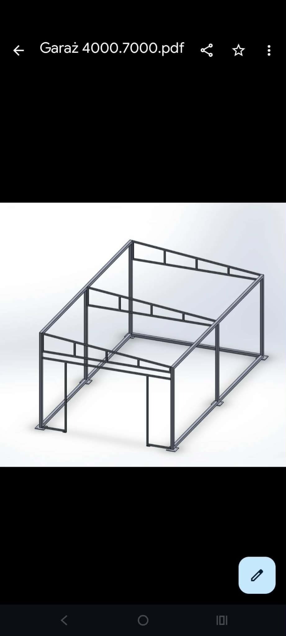 Model 3D szkieletu garażu blaszanego z dwuspadowym dachem, widok z perspektywy, na białym tle. Widoczne słupy, belki i otwory na drzwi.