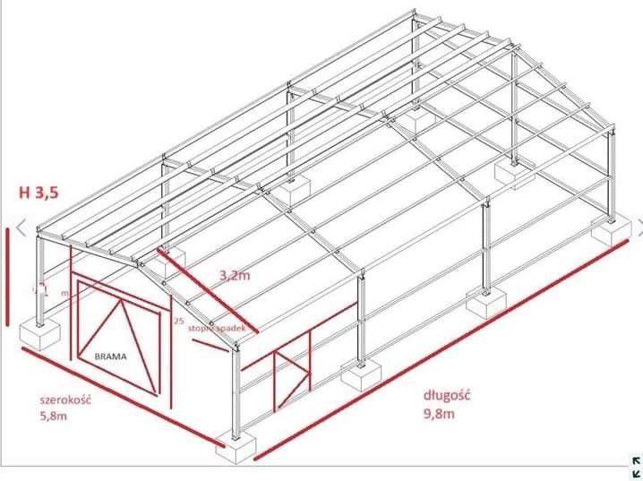 Szkic techniczny stalowej konstrukcji hali z wymiarami: wysokość 3,5m, szerokość 5,8m, długość 9,8m. Widoczna brama wjazdowa i elementy konstrukcyjne.