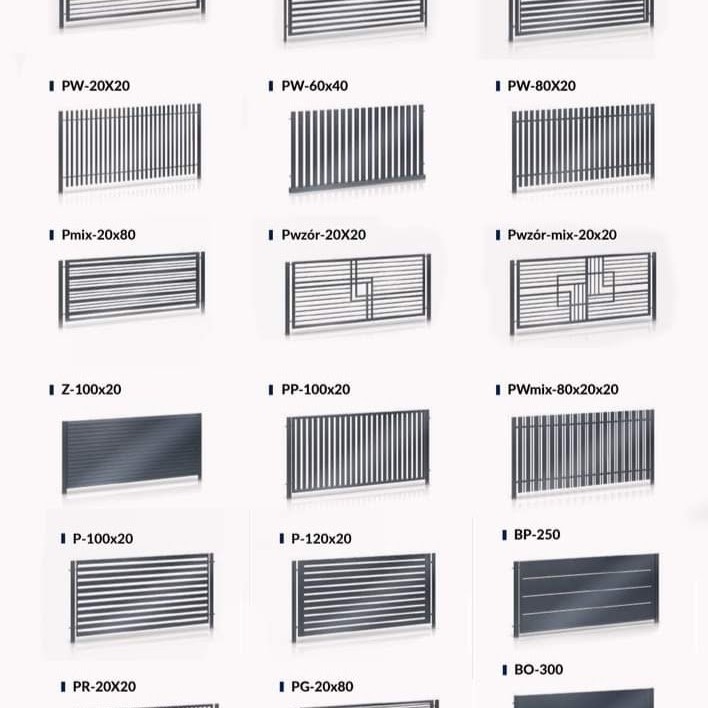 Katalog z różnymi modelami metalowych przęseł ogrodzeniowych, w tym z pionowymi i poziomymi profilami, o zróżnicowanych wzorach i wymiarach, na białym tle.