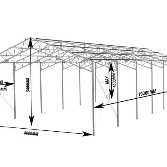 Schemat konstrukcji stalowej hali z wymiarami: wysokość 5400mm, wysokość max 4500mm, szerokość 8000mm, długość 19200mm. Białe tło, perspektywa z dołu.