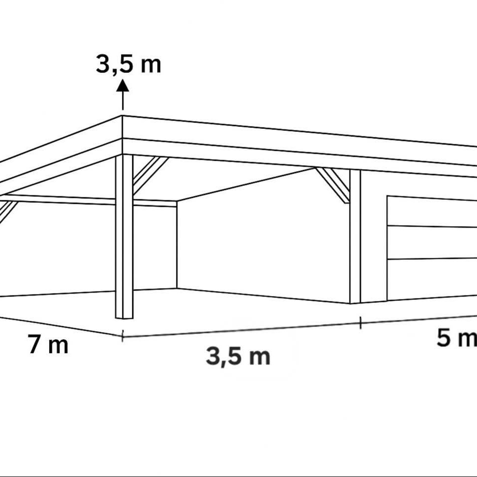 Schemat techniczny z wymiarami: 3,5m wysokości, 7m długości i 5m szerokości, prezentujący konstrukcję wiaty garażowej z elementami drewnianymi.