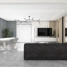 Nowoczesny salon z szarymi zasłonami, białą jadalnią i ciemnoszarą sofą modułową, oświetlenie LED w suficie i designerska lampa nad stołem.