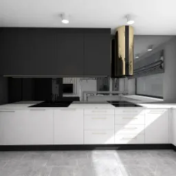 Nowoczesna, minimalistyczna kuchnia z białymi szafkami, marmurowym blatem i czarnymi akcentami, w tym błyszczący, złoty okap cylindryczny i czarny panel nad blatem. Widoczne szare płytki podłogowe...