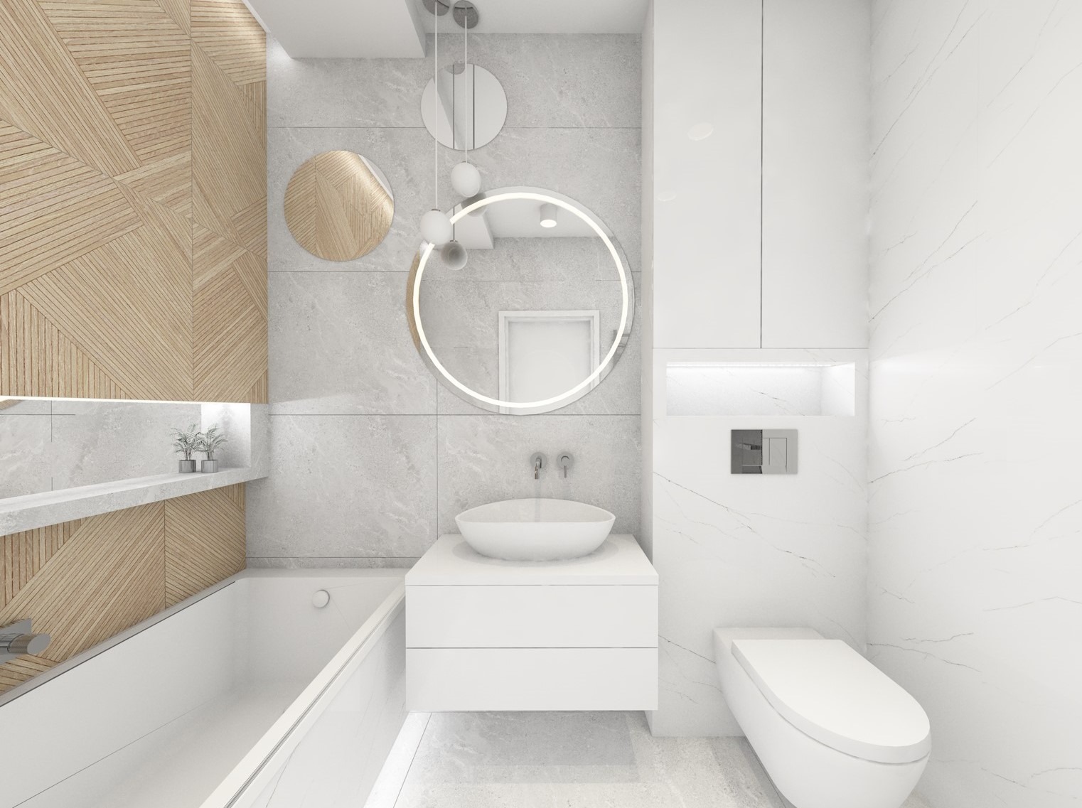 Minimalistyczna łazienka w bieli i szarości z drewnianymi akcentami, okrągłe lustro z podświetleniem LED, geometryczna drewniana ściana nad wanną, umywalka nablatowa na białej szafce, wisząca toaleta.