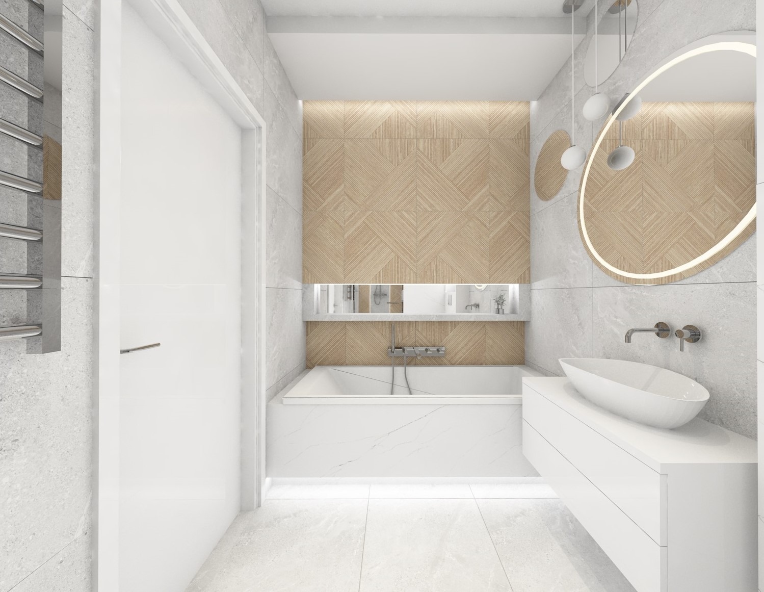 Nowoczesna łazienka z drewnianą mozaiką na ścianie, owalnym lustrem z podświetleniem LED, białą umywalką nablatową i wanną obudowaną marmurem.