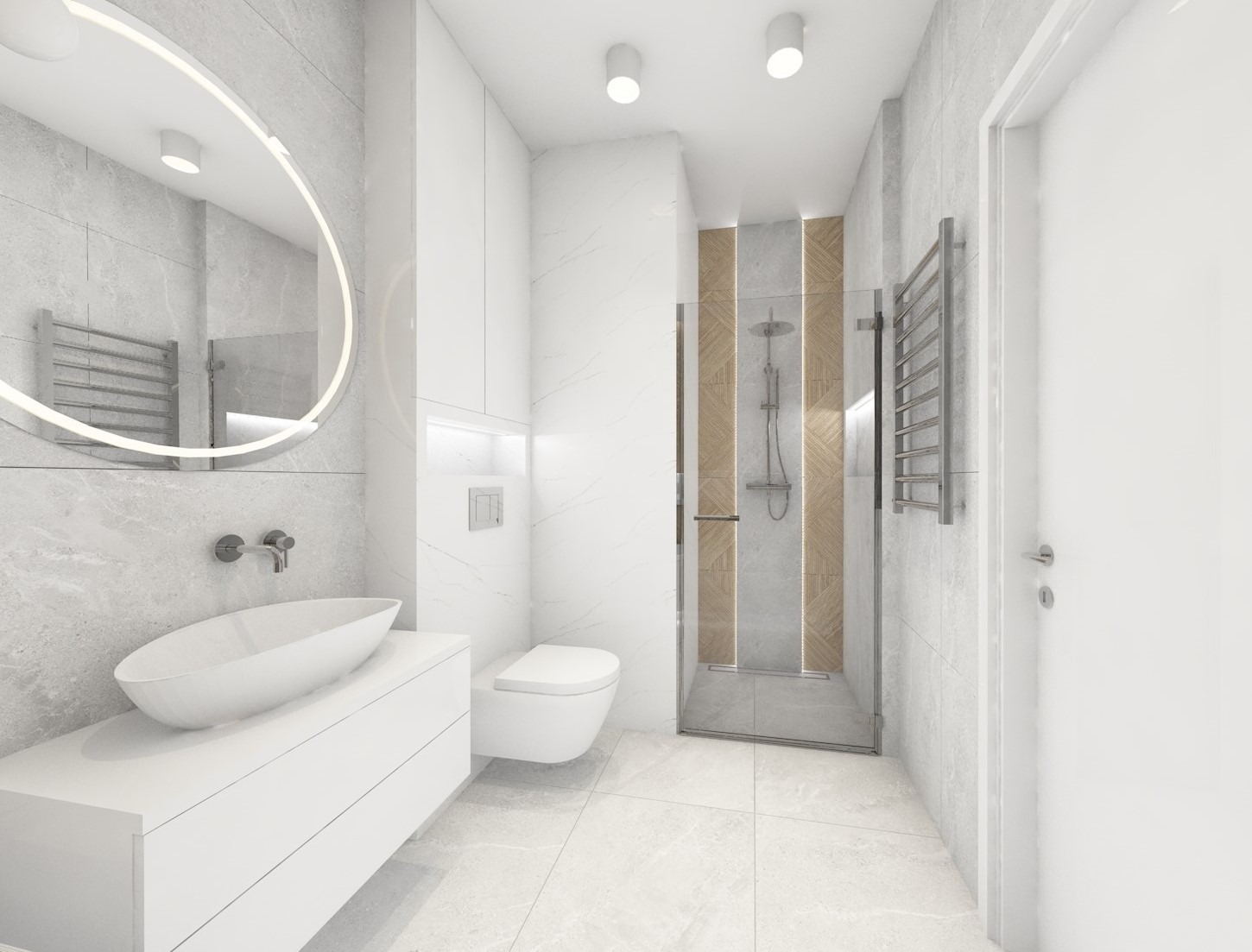 Jasna łazienka w odcieniach bieli i szarości z owalnym lustrem podświetlanym LED, kabiną prysznicową z drewnianymi akcentami i grzejnikiem drabinkowym.