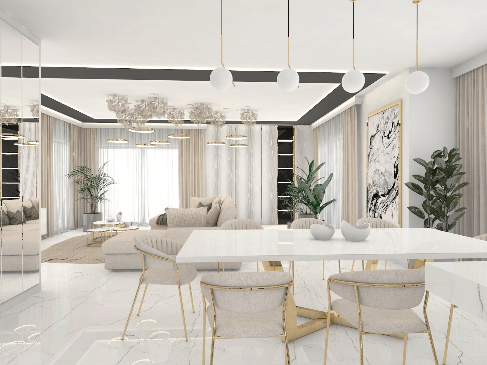 Jasne, przestronne wnętrze salonu z jadalnią w Bolesławcu, charakteryzujące się marmurową podłogą, białym stołem z krzesłami o złotych nogach, beżową sofą oraz licznymi roślinami doniczkowymi.