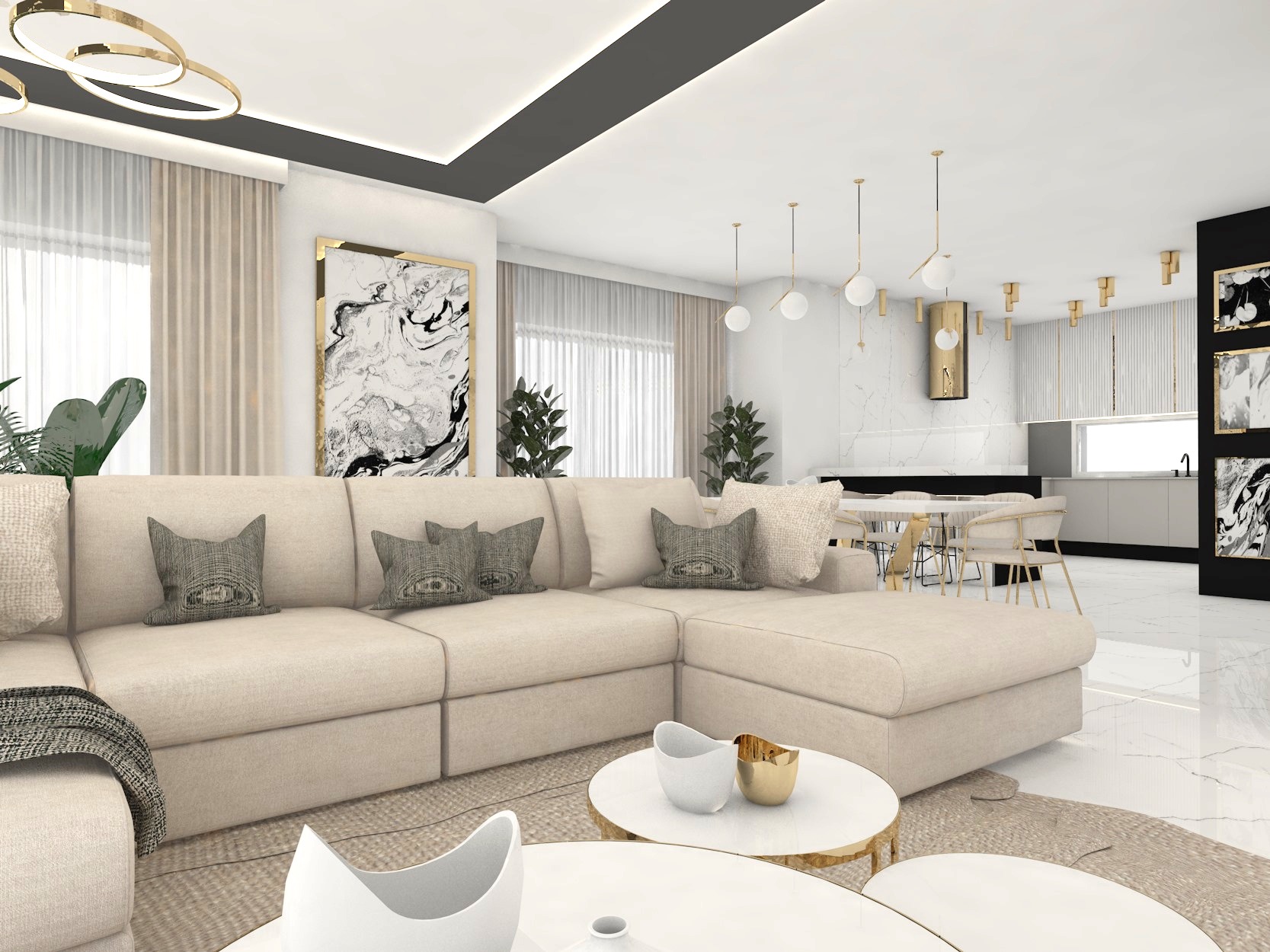 Jasny, przestronny salon z narożną sofą, marmurową podłogą i złotymi akcentami w oświetleniu i dekoracjach, widok na otwartą kuchnię z białymi meblami.