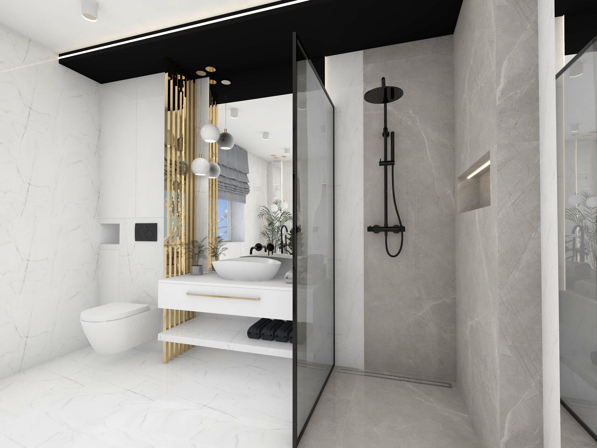 Wizualizacja nowoczesnej łazienki z marmurowymi płytkami, kabiną prysznicową typu walk-in z czarną armaturą, umywalką nablatową na białej szafce z złotymi akcentami i dekoracyjnymi lamelami.