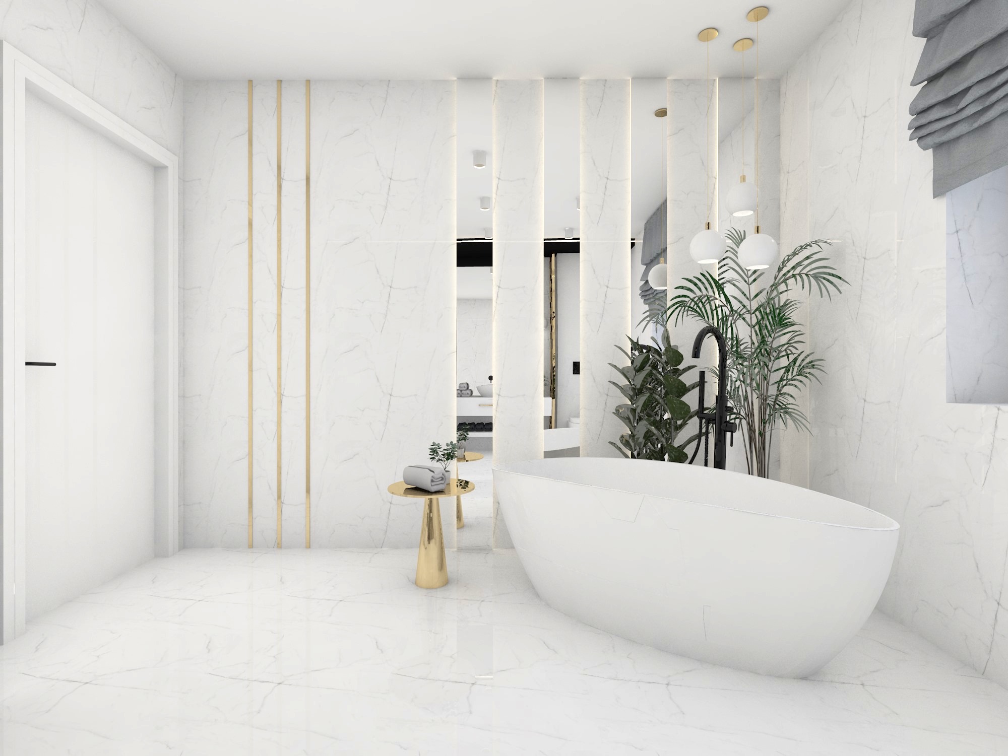Jasna łazienka z marmurowymi ścianami i podłogą, wolnostojąca wanna, złoty stolik pomocniczy z ręcznikiem i rośliną, oraz dekoracyjne pionowe panele z lustrami.