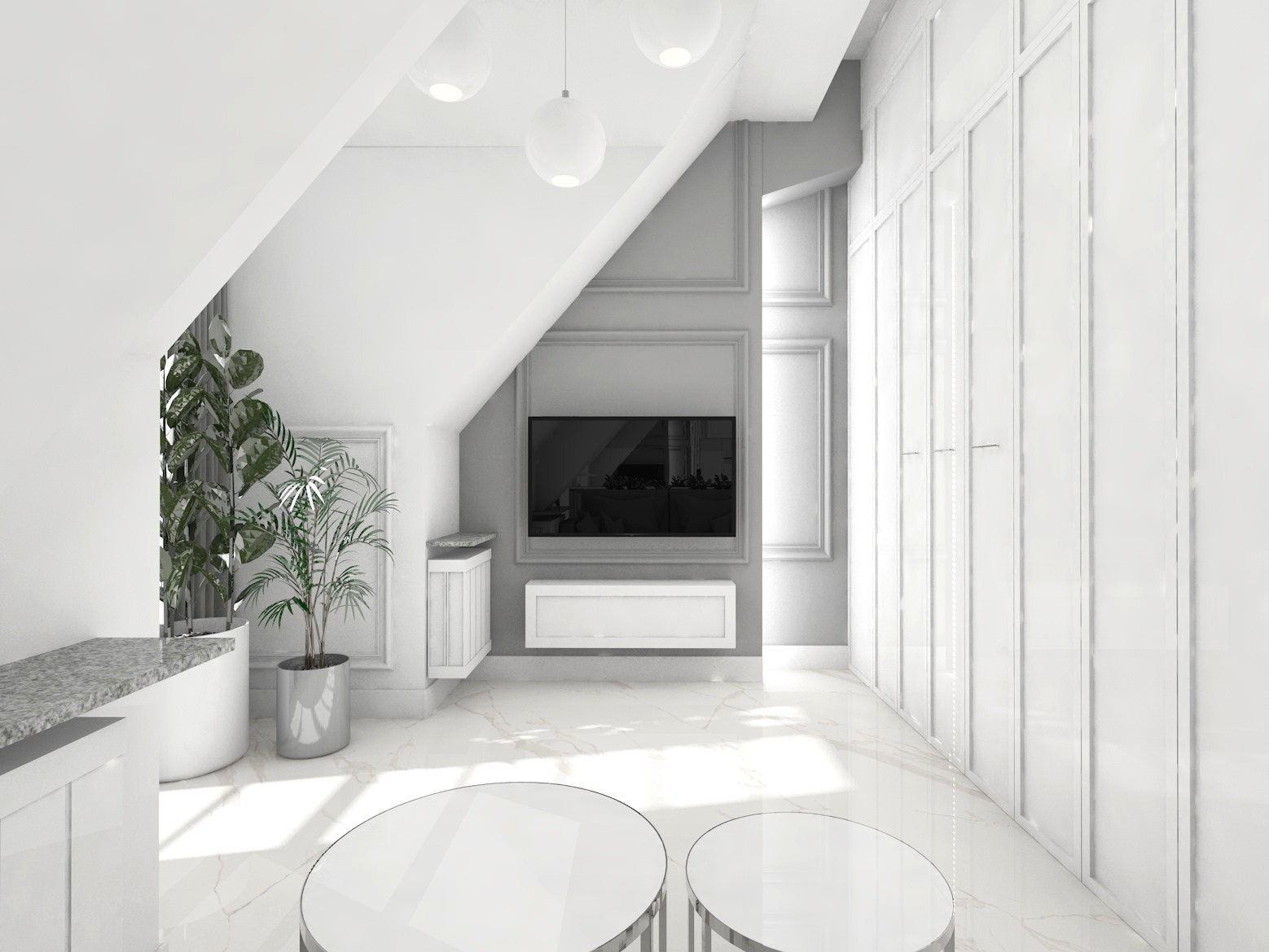 Wizualizacja jasnego pokoju na poddaszu z telewizorem, roślinami doniczkowymi i okrągłymi stolikami kawowymi na marmurowej podłodze.