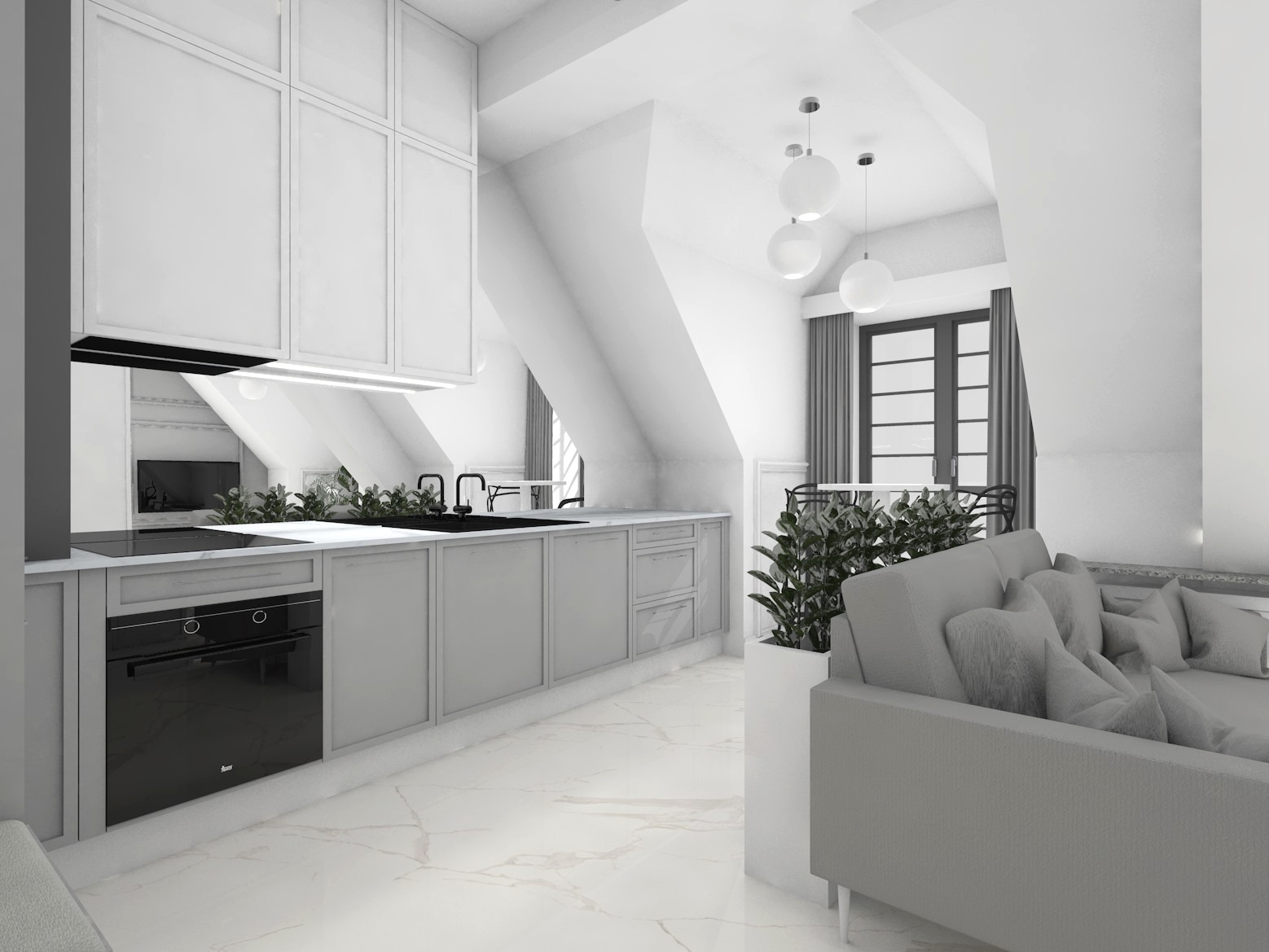 Jasna kuchnia w aneksie z białymi szafkami, czarnym piekarnikiem i płytą indukcyjną, marmurową podłogą, roślinami doniczkowymi i widokiem na salon z szarą sofą, w pomieszczeniu ze skośnym sufitem...