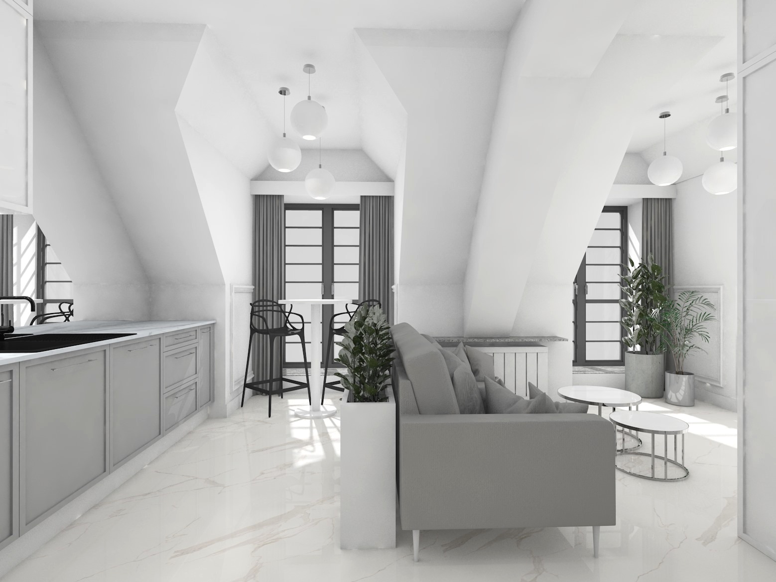 Jasne, przestronne wnętrze poddasza z aneksem kuchennym, szarą sofą, okrągłymi stolikami i roślinami doniczkowymi, oświetlone kulistymi lampami wiszącymi.