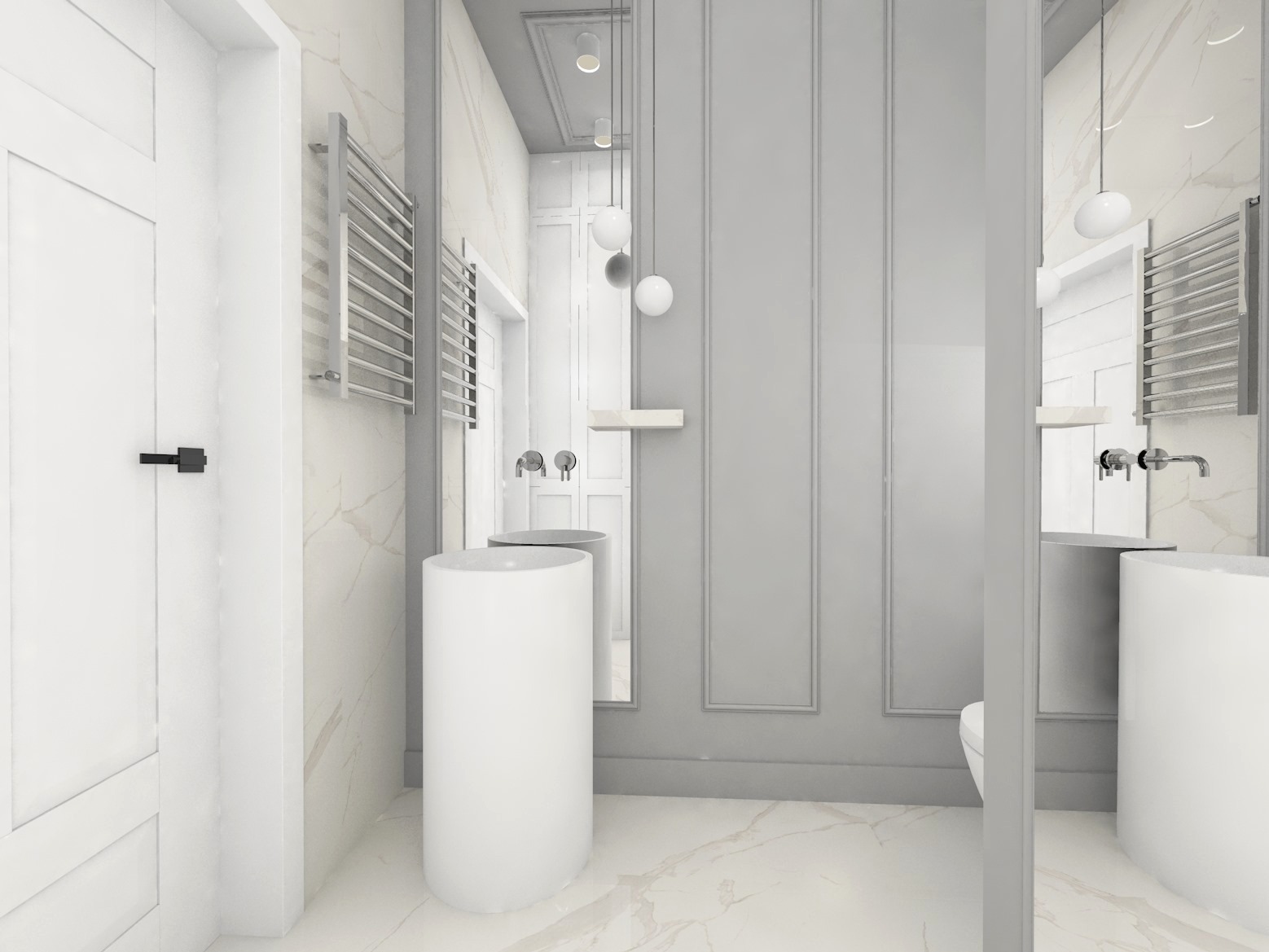 Nowoczesna łazienka w odcieniach bieli i szarości z wolnostojącą umywalką cylindryczną, grzejnikiem drabinkowym i lustrem, oświetlona wiszącymi kulami.