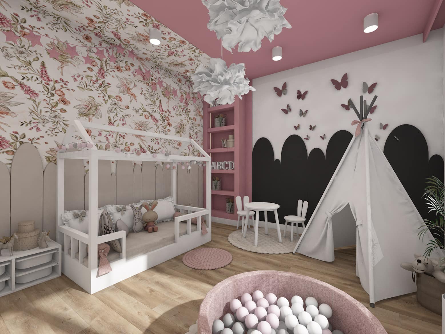 Pokój dziecięcy w pastelowych kolorach z łóżkiem w kształcie domku, tipi, stolikiem z krzesełkami, basenem z kulkami i ścianą z motywami kwiatowymi i motyli.