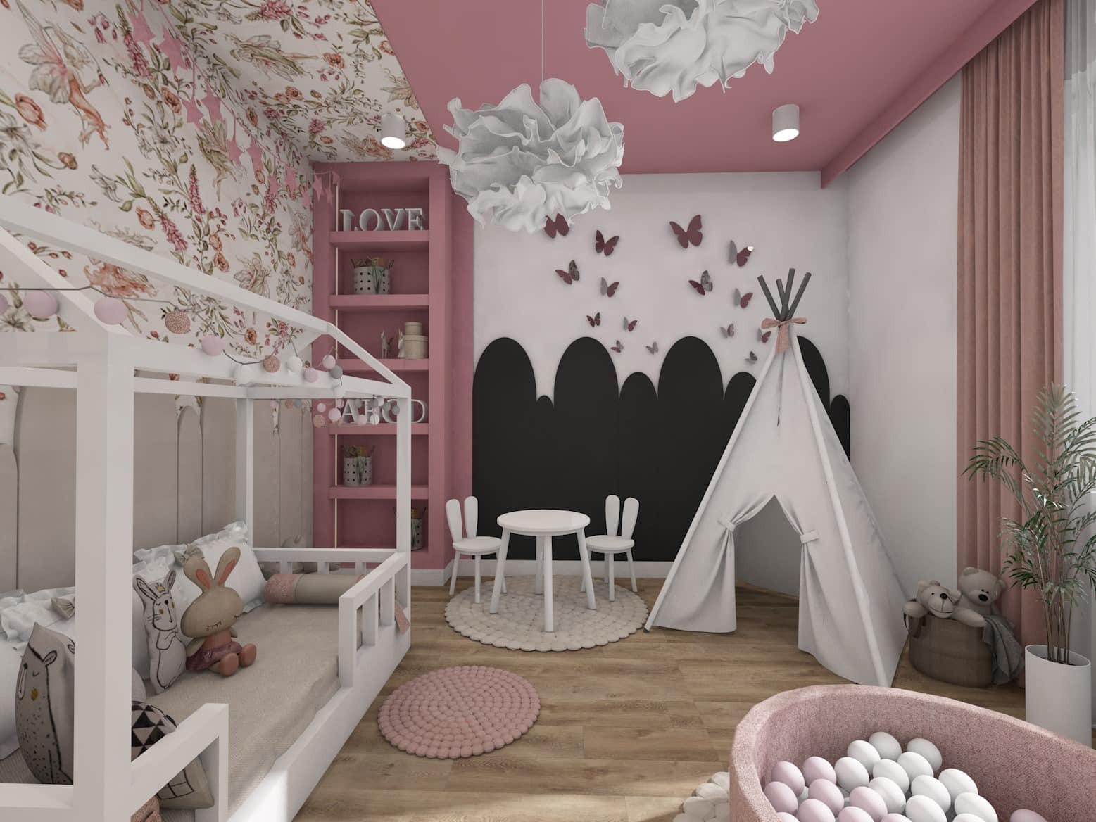 Pokój dziecięcy w pastelowych kolorach z łóżkiem w kształcie domku, tipi, stolikiem z krzesełkami w kształcie królików, ścianą z motywem gór i motyli oraz półką z napisem LOVE.