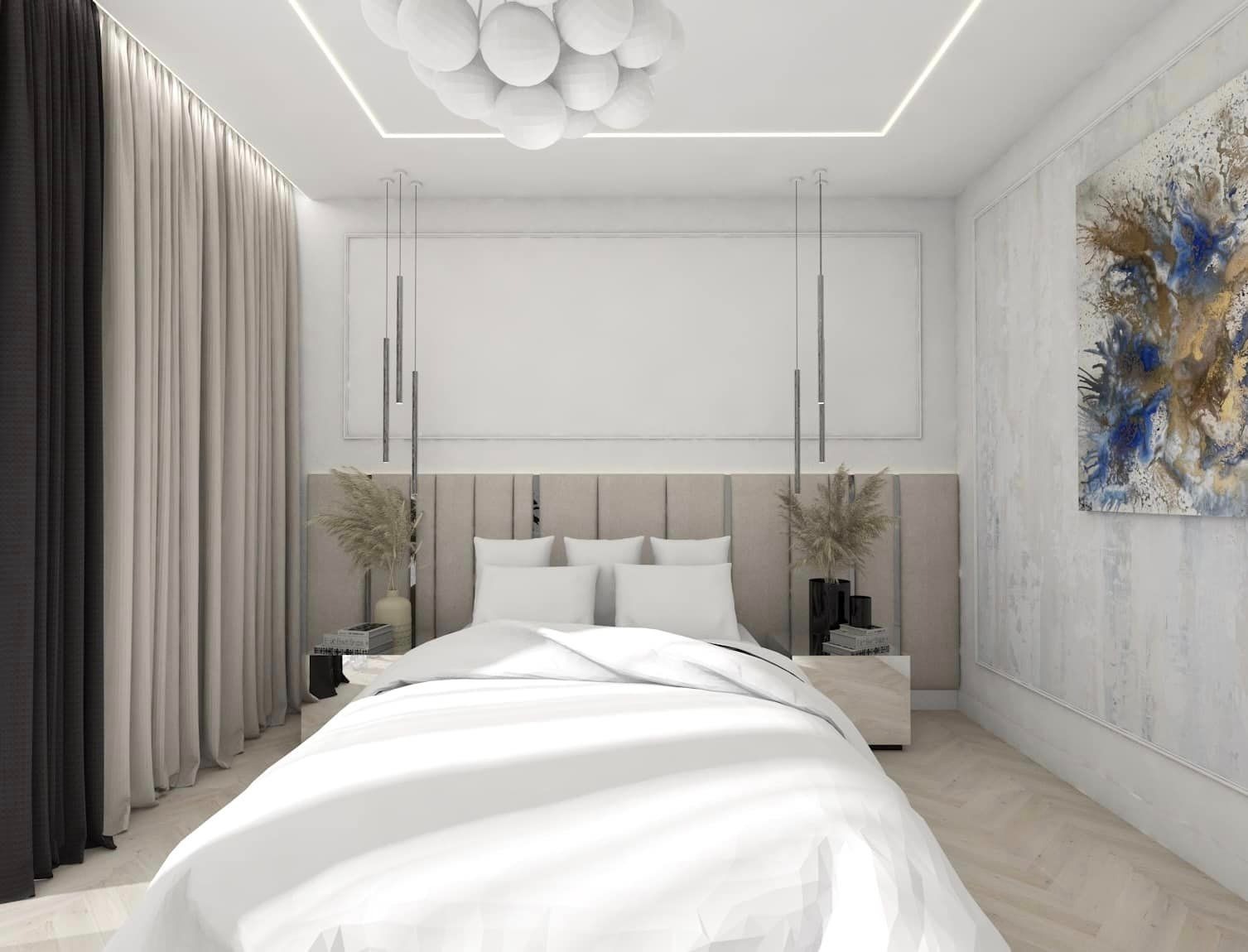 Nowoczesna sypialnia z beżowym zagłówkiem, białymi tekstyliami i abstrakcyjnym obrazem w odcieniach błękitu i złota na ścianie z dekoracyjną sztukaterią.