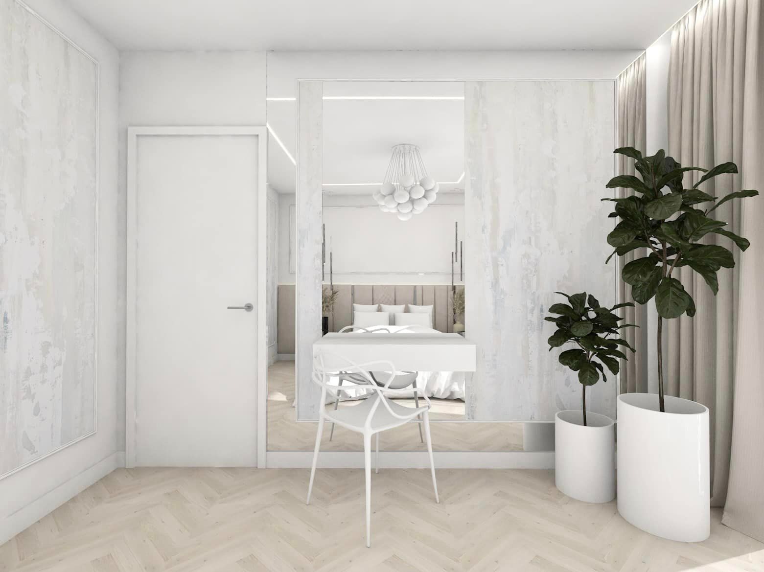 Jasna sypialnia z toaletką i krzesłem w stylu minimalistycznym, widok przez lustro na łóżko i designerską lampę, uzupełniona roślinami doniczkowymi.