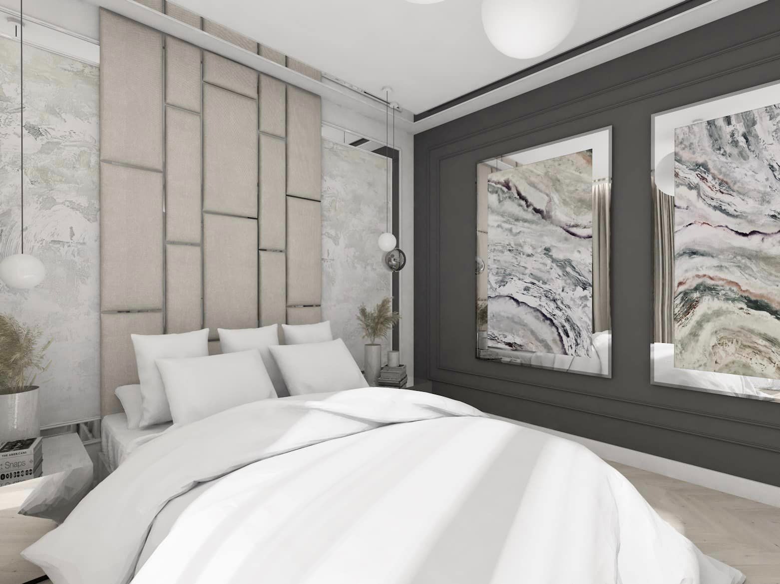 Nowoczesna sypialnia z beżowym panelem tapicerowanym za łóżkiem, białymi poduszkami i pościelą, oraz abstrakcyjnymi obrazami w srebrnych ramach na ciemnoszarej ścianie.