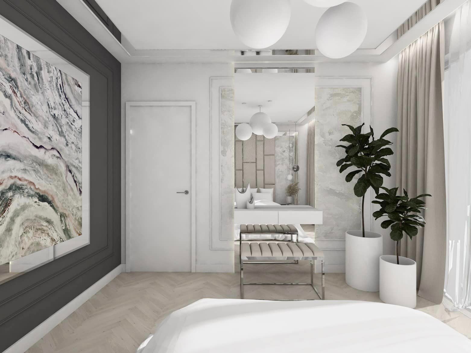 Elegancka sypialnia w bieli i szarościach z marmurowym obrazem na ścianie, pufami ze srebrnymi nogami i roślinami w białych donicach.