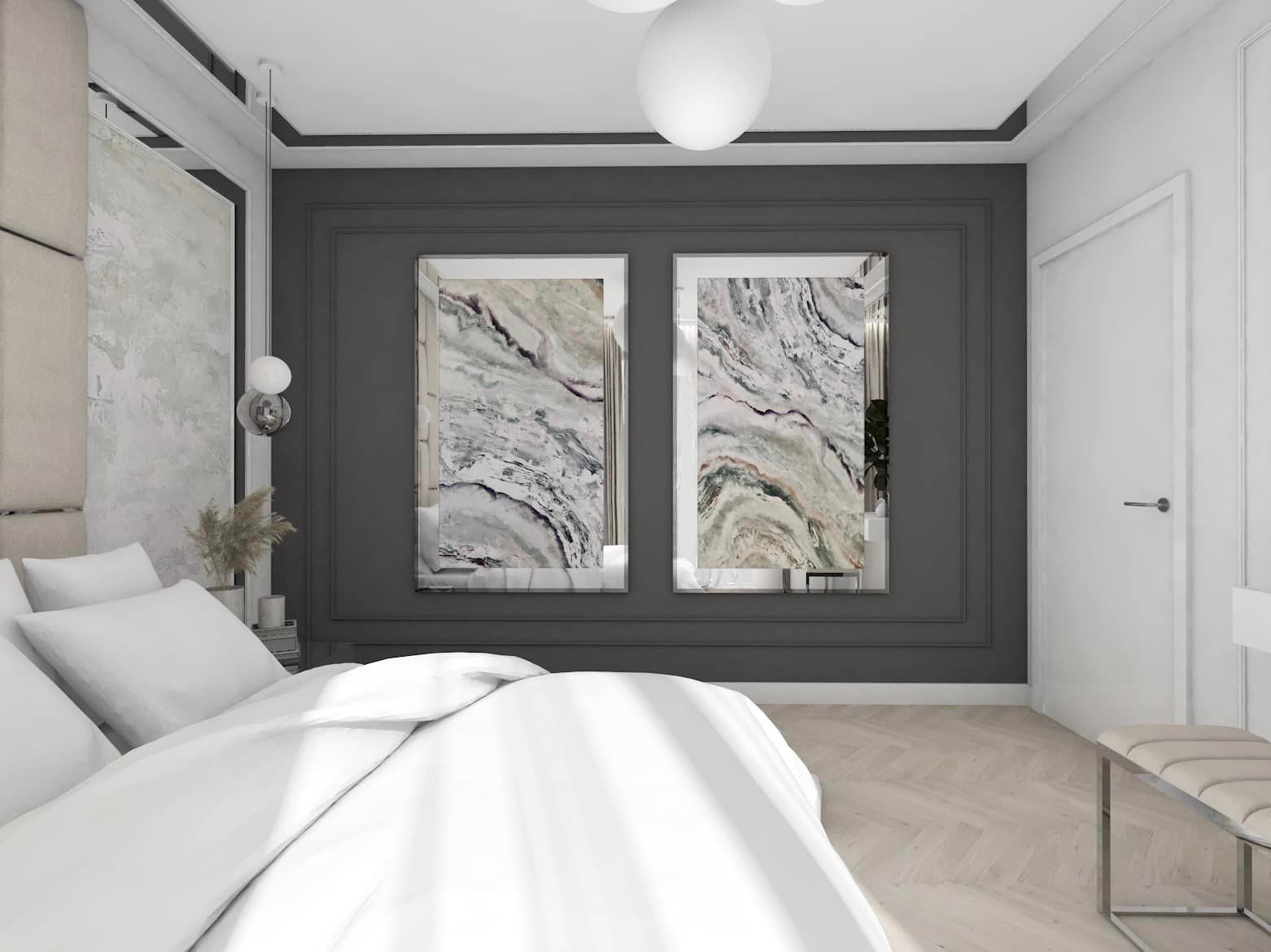 Sypialnia w odcieniach szarości z białymi elementami, dwa obrazy w lustrzanych ramach imitujące marmur, nowoczesna lampa sufitowa, drewniana podłoga w jodełkę.