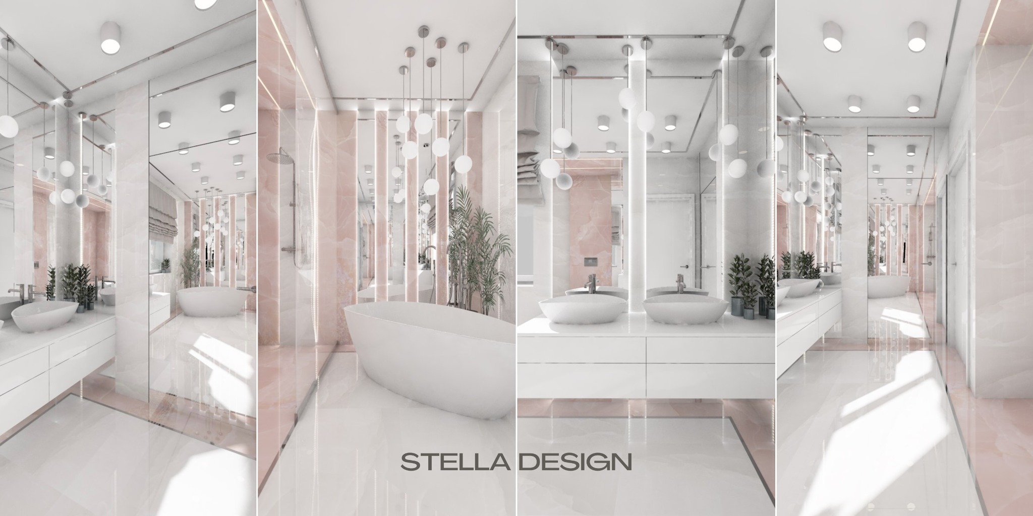 Wizualizacja łazienki w odcieniach bieli i pudrowego różu, z wanną wolnostojącą, podwójną umywalką nablatową i lustrami na całej ścianie, oświetlona lampami wiszącymi w kształcie kul.
